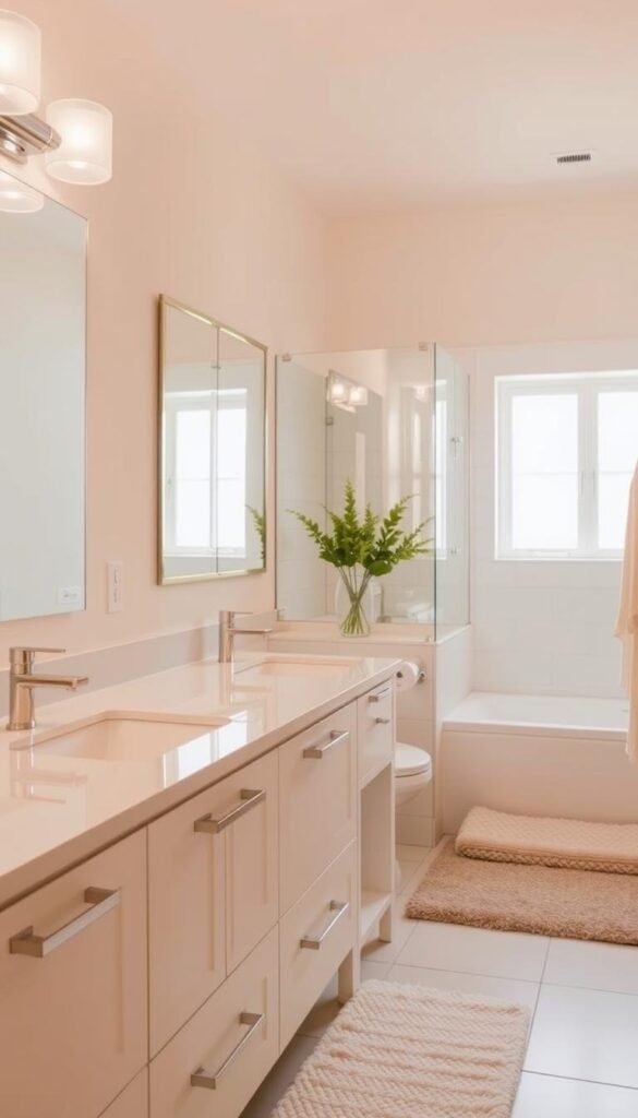 A well-lit and airy bathroom with a warm, summer atmosphere. In the foreground, a sleek, modern vanity with updated chrome lighting fixtures that cast a soft, diffused glow. The middle ground features a large, frameless mirror reflecting the natural light streaming in from the window. In the background, light-colored tiles and a plush, textured bath mat create a soothing, spa-like ambiance. The overall scene conveys a sense of tranquility and refreshment, perfectly capturing the "Simple Summer Bathroom Updates for a Light and Breezy Feel" theme. A well-lit and airy bathroom with a warm, summer atmosphere. In the foreground, a sleek, modern vanity with updated chrome lighting fixtures that cast a soft, diffused glow. The middle ground features a large, frameless mirror reflecting the natural light streaming in from the window. In the background, light-colored tiles and a plush, textured bath mat create a soothing, spa-like ambiance. The overall scene conveys a sense of tranquility and refreshment, perfectly capturing the "Simple Summer Bathroom Updates for a Light and Breezy Feel" theme.