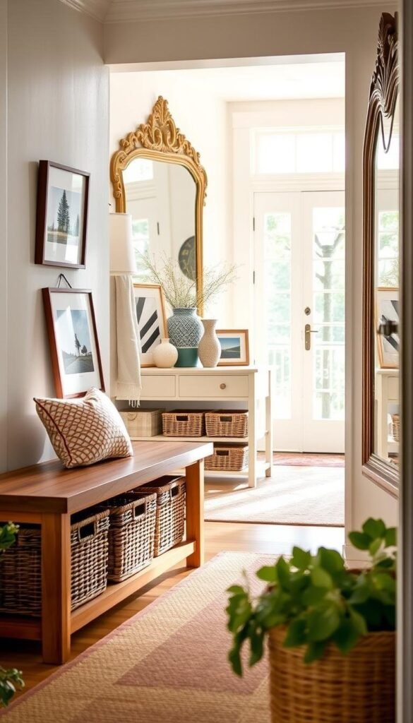 A well-lit, inviting entryway filled with practical storage solutions for a summer home. In the foreground, a wooden bench with woven storage baskets underneath, perfect for stashing seasonal items. Behind it, a mid-century modern console table displays decorative vases and framed nature photos, casting a warm, natural glow. The background features a light-colored shoe rack and a large, ornate mirror reflecting the sunlight streaming through the entryway's wide windows. The overall atmosphere is one of effortless organization and a harmonious blend of texture and natural tones. A well-lit, inviting entryway filled with practical storage solutions for a summer home. In the foreground, a wooden bench with woven storage baskets underneath, perfect for stashing seasonal items. Behind it, a mid-century modern console table displays decorative vases and framed nature photos, casting a warm, natural glow. The background features a light-colored shoe rack and a large, ornate mirror reflecting the sunlight streaming through the entryway's wide windows. The overall atmosphere is one of effortless organization and a harmonious blend of texture and natural tones.