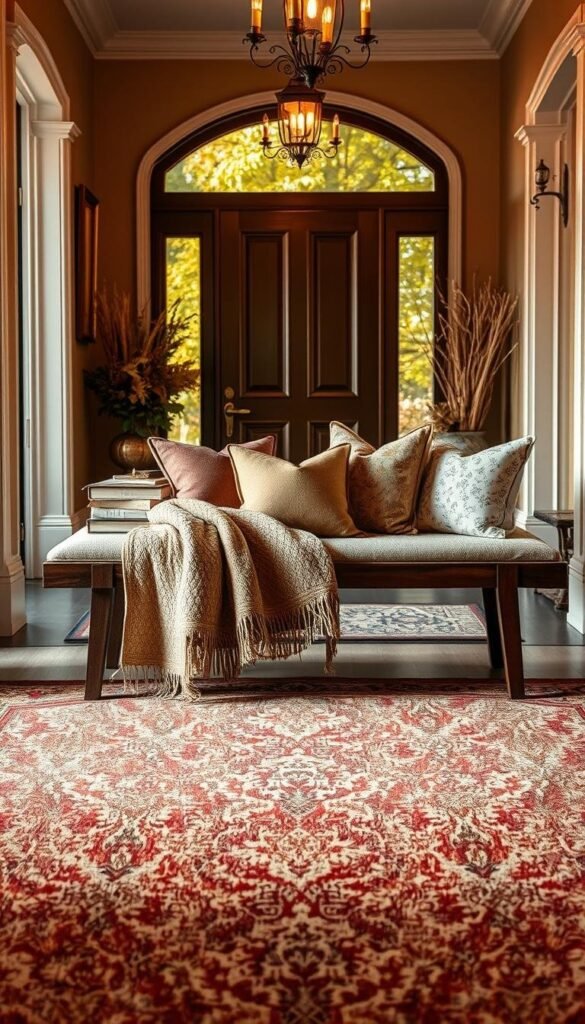 An elegant entryway in the fall, bathed in warm lighting and adorned with rich, textured fabrics. In the foreground, a plush area rug in autumnal hues anchors the space, its intricate patterns adding visual interest. Draped across a wooden bench, a cozy throw blanket in a complementary color palette invites guests to pause and admire the scene. In the middle ground, a curated arrangement of decorative pillows in earthy tones and delicate patterns creates a welcoming vignette. The background features a stately front door framed by lush greenery, hinting at the vibrant fall foliage beyond. The overall atmosphere exudes a sense of sophisticated comfort and seasonal charm. An elegant entryway in the fall, bathed in warm lighting and adorned with rich, textured fabrics. In the foreground, a plush area rug in autumnal hues anchors the space, its intricate patterns adding visual interest. Draped across a wooden bench, a cozy throw blanket in a complementary color palette invites guests to pause and admire the scene. In the middle ground, a curated arrangement of decorative pillows in earthy tones and delicate patterns creates a welcoming vignette. The background features a stately front door framed by lush greenery, hinting at the vibrant fall foliage beyond. The overall atmosphere exudes a sense of sophisticated comfort and seasonal charm.