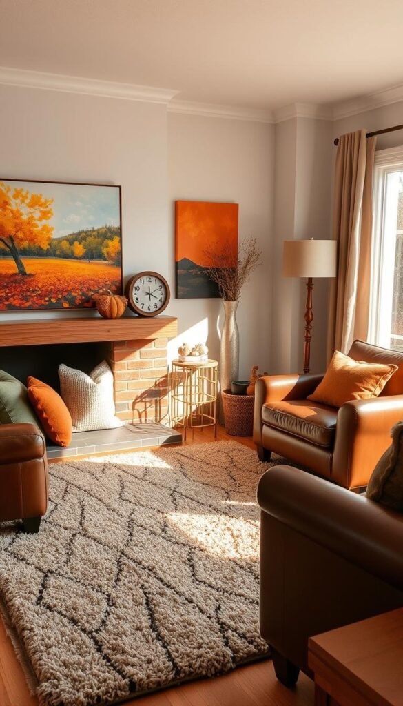 An intimate and cozy fall-inspired living room, bathed in warm, natural lighting through a large window. In the foreground, a stylish gallery wall showcases autumnal-themed art, including a vibrant landscape painting and an abstract canvas with rich ochre and rust tones. On the mantle, a rustic wooden clock and a ceramic vase filled with dried foliage create a harmonious display. The middle ground features a plush, textured area rug in earthy hues, complementing the rich leather sofa and armchair. Accent pillows in muted greens, oranges, and browns add pops of seasonal color. The background blends seamlessly with the scene, revealing a glimpse of a wooden side table and a floor lamp with a natural linen shade. An intimate and cozy fall-inspired living room, bathed in warm, natural lighting through a large window. In the foreground, a stylish gallery wall showcases autumnal-themed art, including a vibrant landscape painting and an abstract canvas with rich ochre and rust tones. On the mantle, a rustic wooden clock and a ceramic vase filled with dried foliage create a harmonious display. The middle ground features a plush, textured area rug in earthy hues, complementing the rich leather sofa and armchair. Accent pillows in muted greens, oranges, and browns add pops of seasonal color. The background blends seamlessly with the scene, revealing a glimpse of a wooden side table and a floor lamp with a natural linen shade.