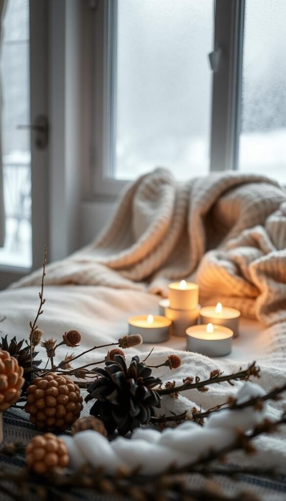 An intimate winter scene, bathed in a warm, soft light. In the foreground, a collection of natural, sustainable decorations - pinecones, dried botanicals, and a handcrafted wooden ornament. In the middle ground, a cozy knit blanket and a cluster of tealight candles, their flames flickering gently. In the background, a large, frosted window overlooks a snowy landscape, hinting at the beauty of the natural world outside. The overall atmosphere is one of understated elegance, inviting the viewer to embrace a more mindful, eco-conscious approach to winter home decor. An intimate winter scene, bathed in a warm, soft light. In the foreground, a collection of natural, sustainable decorations - pinecones, dried botanicals, and a handcrafted wooden ornament. In the middle ground, a cozy knit blanket and a cluster of tealight candles, their flames flickering gently. In the background, a large, frosted window overlooks a snowy landscape, hinting at the beauty of the natural world outside. The overall atmosphere is one of understated elegance, inviting the viewer to embrace a more mindful, eco-conscious approach to winter home decor.