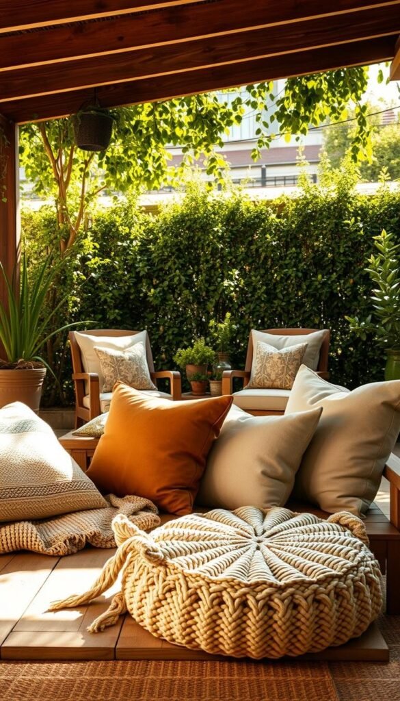 An inviting outdoor living space, bathed in warm afternoon sunlight. In the foreground, an assortment of cozy textiles - plush throw pillows, a soft woven blanket, and a knitted floor pouf - arranged artfully on a weathered wooden bench. The middle ground features a pair of comfortable armchairs, their cushions upholstered in a muted, earthy-toned fabric that complements the natural wood frame. Behind, a backdrop of lush greenery - potted plants, trailing vines, and a verdant hedge - creates a serene, sheltered ambiance. The overall scene evokes a welcoming, intimate atmosphere, perfect for leisurely summer afternoons.