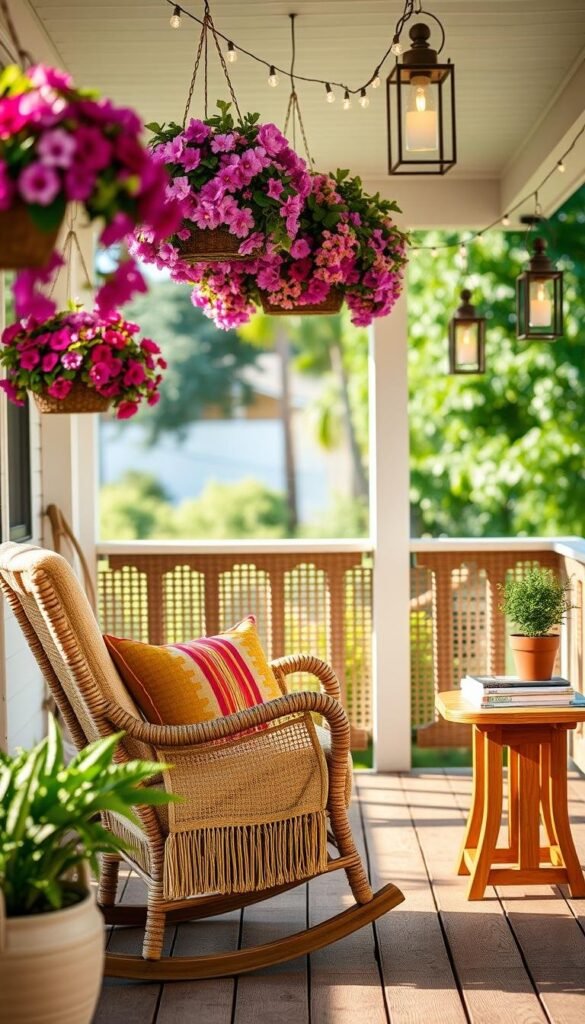 An inviting summer porch, adorned with charming decor that effortlessly blends form and function. In the foreground, a wicker rocking chair draped with a plush, colorful throw cushion beckons visitors to sit and unwind. Hanging baskets overflow with cascading flowers, their vibrant hues casting a warm glow. The middle ground features a sturdy wooden side table, its surface adorned with a potted plant and a stack of magazines, hinting at moments of leisure. Strung overhead, delicate string lights cast a soft, ambient illumination, creating a cozy, intimate atmosphere. In the background, the porch's woven railing is accented with decorative lanterns, casting dancing shadows on the weathered wooden boards underfoot. This harmonious ensemble of practical and decorative elements invites visitors to linger and savor the charm of the summer porch.