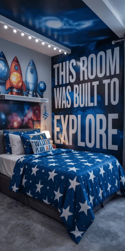 A cozy and inviting boy's bedroom with a vibrant color scheme. The foreground features a plush, navy blue bedspread with contrasting white sheets, and a wooden headboard with intricate carvings. In the middle ground, a large window floods the room with warm, natural light, casting a soft glow on the vibrant teal walls. A wooden dresser with brass hardware stands against the wall, complemented by a playful area rug in shades of orange and yellow. The background showcases built-in bookshelves filled with colorful volumes and playful decorative accents, creating a harmonious and inspiring space for a young dreamer.