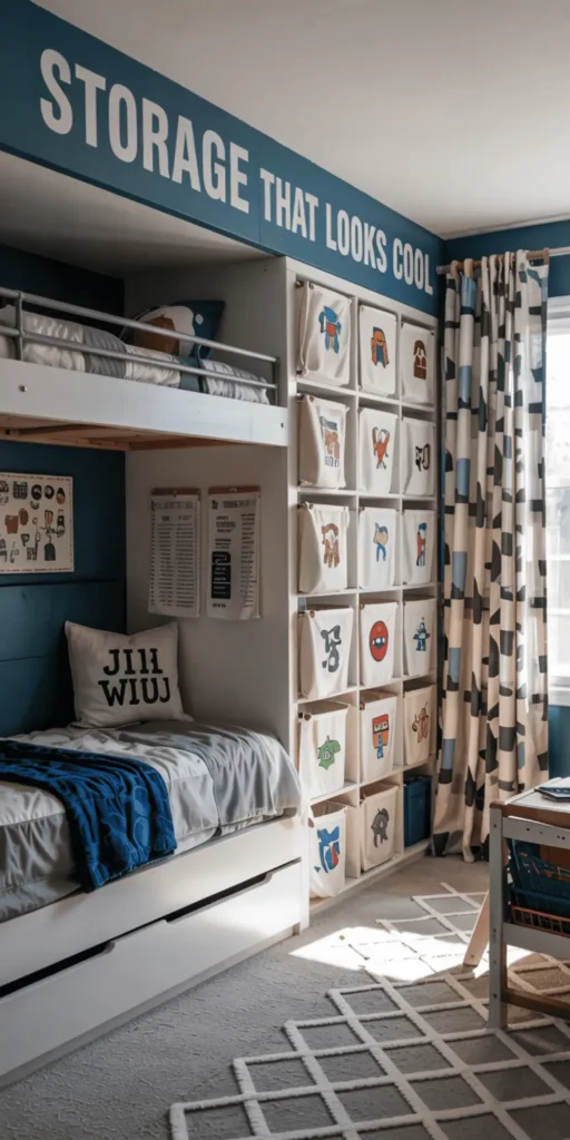 A cozy and organized boy's bedroom, filled with practical space-saving solutions. In the foreground, a custom built-in bunk bed with integrated drawers and shelves, maximizing vertical space. In the middle ground, a wall-mounted desk and bookshelf combo, freeing up floor space. The background showcases a modular storage system with colorful bins and baskets, keeping toys and accessories neatly tucked away. Warm, diffused lighting from sconces and recessed fixtures creates a relaxing ambiance. The overall scene conveys a sense of order and functionality, tailored to the needs of an active young occupant.