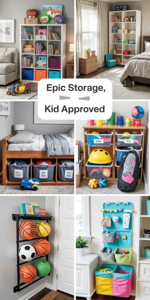 A spacious boys' room with a loft bed, built-in shelves, and a modular desk system. Warm lighting from overhead fixtures casts a cozy glow, while large windows allow natural light to stream in. The room is furnished with a mix of neutral tones and pops of blue, creating a balanced and inviting atmosphere. In the foreground, a compact storage unit with drawers and cubbies provides ample space for toys, books, and personal items. The middle ground features the loft bed, with a study area and dresser underneath. In the background, the modular desk system with multiple workstations maximizes the available space, catering to the needs of a growing boy.