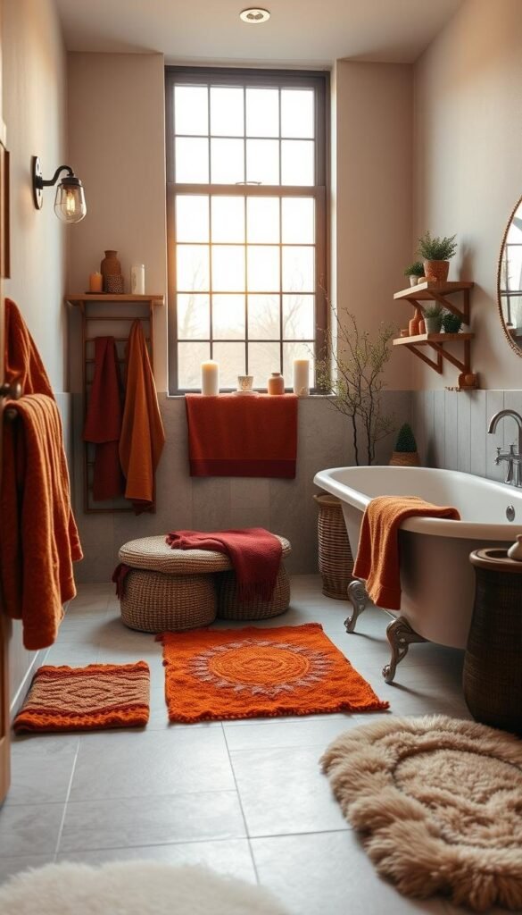 Cozy bathroom with warm, inviting color palette. Plush towels and bathmat in earthy tones of ochre, terracotta, and burgundy. Wooden shelves adorned with candles, potted plants, and decorative accessories. Soft lighting from wall sconces and a freestanding tub with a large, fluffy rug nearby. Textured tile flooring and neutral wall color create a soothing, spa-like ambiance. Gentle morning light filters through a large window, casting a golden glow over the serene, winter-themed scene. Cozy bathroom with warm, inviting color palette. Plush towels and bathmat in earthy tones of ochre, terracotta, and burgundy. Wooden shelves adorned with candles, potted plants, and decorative accessories. Soft lighting from wall sconces and a freestanding tub with a large, fluffy rug nearby. Textured tile flooring and neutral wall color create a soothing, spa-like ambiance. Gentle morning light filters through a large window, casting a golden glow over the serene, winter-themed scene.