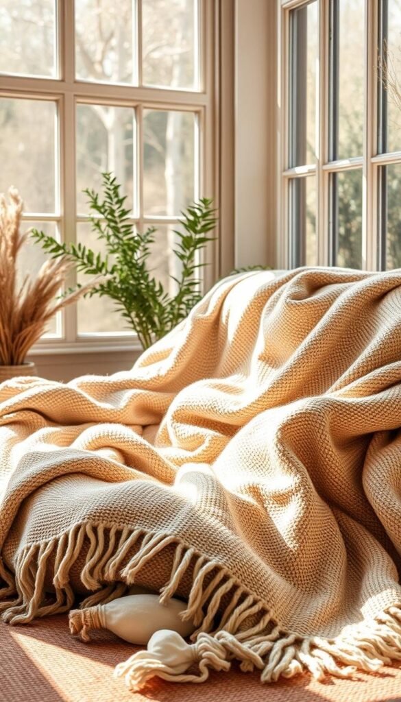 Cozy, eco-friendly throw blankets in a serene, natural setting. Soft, organic textures in earthy tones cascade across the frame, creating a soothing, inviting atmosphere. Warm, diffused lighting emanates from a large window, casting a gentle glow and highlighting the natural fibers. The blankets are artfully arranged, showcasing their sustainable materials and handcrafted details. A sense of rustic simplicity and environmental consciousness permeates the scene, inviting the viewer to curl up and relax in a harmonious, nature-inspired space. Cozy, eco-friendly throw blankets in a serene, natural setting. Soft, organic textures in earthy tones cascade across the frame, creating a soothing, inviting atmosphere. Warm, diffused lighting emanates from a large window, casting a gentle glow and highlighting the natural fibers. The blankets are artfully arranged, showcasing their sustainable materials and handcrafted details. A sense of rustic simplicity and environmental consciousness permeates the scene, inviting the viewer to curl up and relax in a harmonious, nature-inspired space.