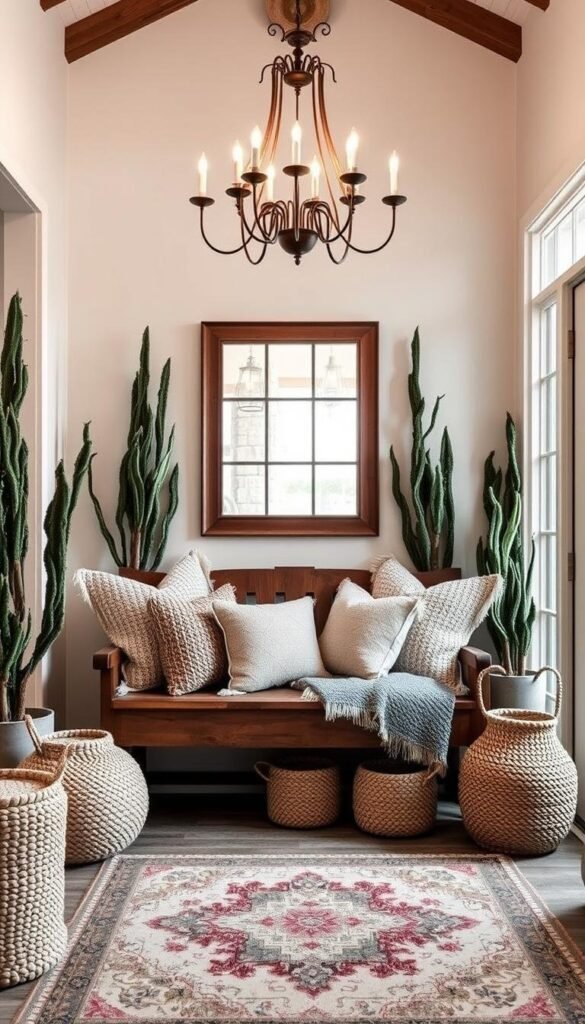 Cozy entryway with a rustic wooden bench, layered with plush textured cushions and throws in neutral tones. Overhead, a grand chandelier casts a warm glow, illuminating the space. Textured woven baskets and knit poufs add depth, while a vintage area rug grounds the scene. Framing the entrance, tall potted plants and a framed mirror create a welcoming, inviting atmosphere. Soft lighting filters in through the window, casting a serene, winter-inspired ambiance. The overall effect is a harmonious blend of cozy, natural materials that evoke a sense of comfort and relaxation. Cozy entryway with a rustic wooden bench, layered with plush textured cushions and throws in neutral tones. Overhead, a grand chandelier casts a warm glow, illuminating the space. Textured woven baskets and knit poufs add depth, while a vintage area rug grounds the scene. Framing the entrance, tall potted plants and a framed mirror create a welcoming, inviting atmosphere. Soft lighting filters in through the window, casting a serene, winter-inspired ambiance. The overall effect is a harmonious blend of cozy, natural materials that evoke a sense of comfort and relaxation.