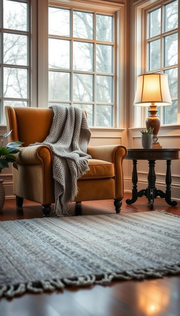 Cozy office textiles: a plush velvet armchair in a warm tan hue, with a soft knitted throw blanket in muted earth tones draped elegantly over the back. In the foreground, a handwoven area rug in a subtle pattern of grays and blues, softening the hardwood floors. Nearby, a stately wooden side table holds a potted plant and a mug of steaming tea, illuminated by the warm glow of a table lamp with a linen shade. Ambient lighting from large windows casts a tranquil, natural ambiance throughout the inviting space.