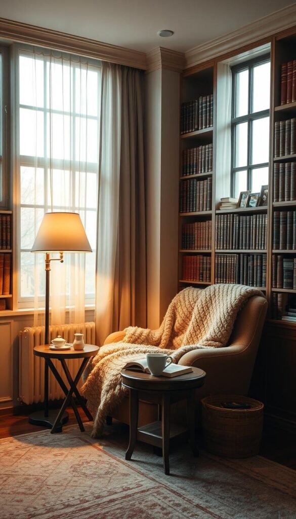 Cozy reading nook with soft, warm lighting. A plush armchair nestled in the corner, covered in a plush throw blanket. Large windows let in natural light, diffused by delicate sheer curtains. Bookshelves line the walls, filled with worn leather-bound volumes. A small wooden side table holds a steaming mug of tea and a well-worn book. Soft ambient lighting from a floor lamp creates a serene, intimate atmosphere. The space exudes comfort and relaxation, inviting one to curl up and get lost in a good book. Cozy reading nook with soft, warm lighting. A plush armchair nestled in the corner, covered in a plush throw blanket. Large windows let in natural light, diffused by delicate sheer curtains. Bookshelves line the walls, filled with worn leather-bound volumes. A small wooden side table holds a steaming mug of tea and a well-worn book. Soft ambient lighting from a floor lamp creates a serene, intimate atmosphere. The space exudes comfort and relaxation, inviting one to curl up and get lost in a good book.