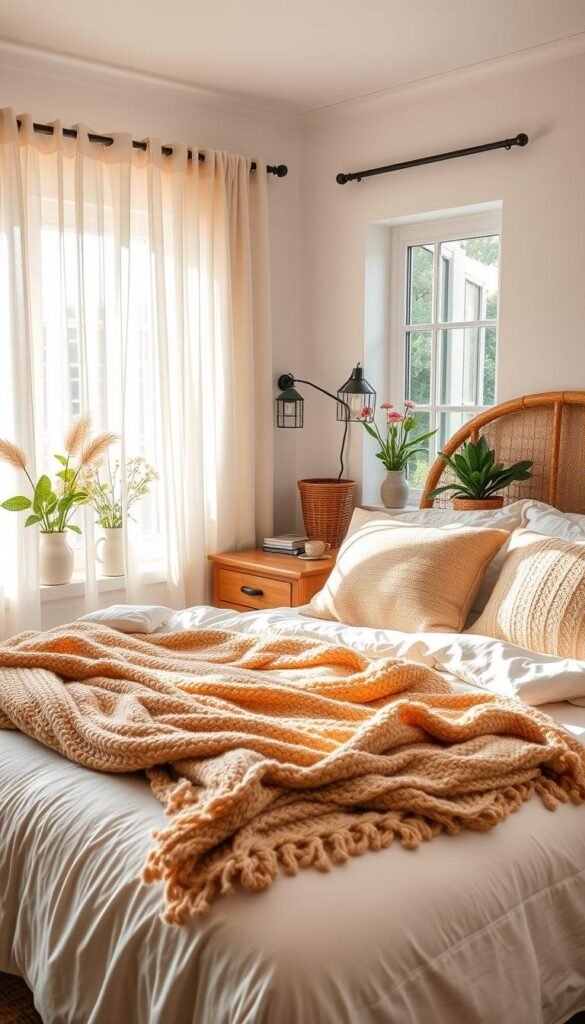 Cozy summer bedroom with soft, inviting textures. Warm sunlight spills through the sheer curtains, casting a gentle glow on the plush bedding. Layers of woven throws, knitted pillows, and nubby boucle blankets in earthy tones create a serene, relaxing ambiance. Wooden nightstands and a rattan headboard add natural, organic elements. Potted plants and a vase of fresh flowers on the windowsill bring the outdoors in. The overall mood is one of comfort, coziness, and a touch of bohemian elegance. Cozy summer bedroom with soft, inviting textures. Warm sunlight spills through the sheer curtains, casting a gentle glow on the plush bedding. Layers of woven throws, knitted pillows, and nubby boucle blankets in earthy tones create a serene, relaxing ambiance. Wooden nightstands and a rattan headboard add natural, organic elements. Potted plants and a vase of fresh flowers on the windowsill bring the outdoors in. The overall mood is one of comfort, coziness, and a touch of bohemian elegance.