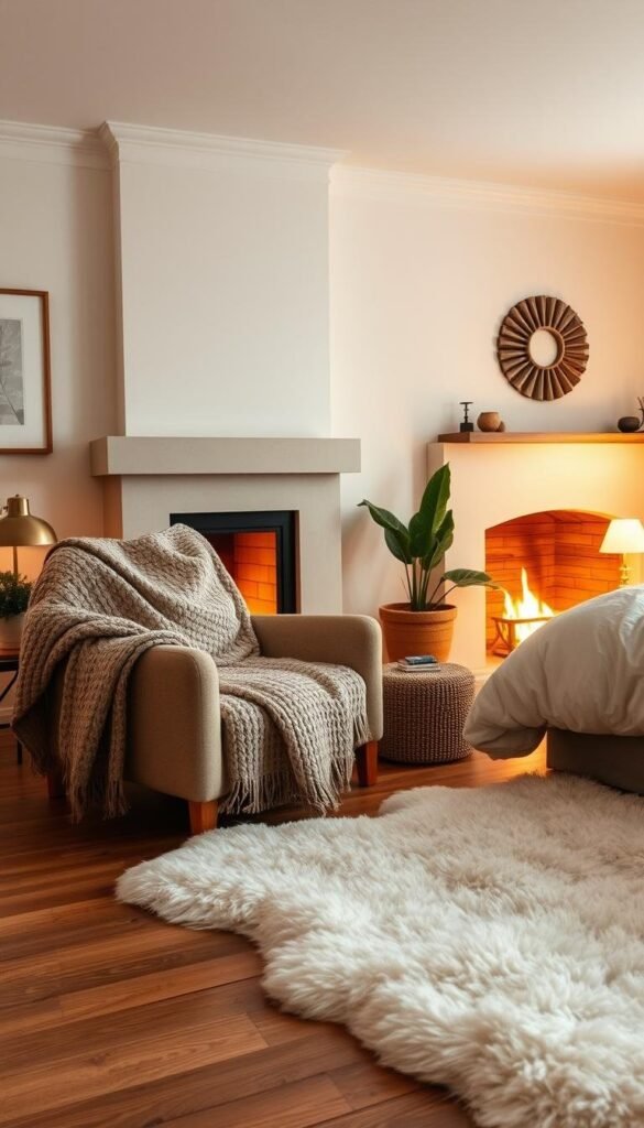 Cozy winter bedroom with soft, plush textiles in a muted color palette. Warm knit blanket draped over a comfy, oversized chair. Plush sheepskin rug on a hardwood floor. Fireplace crackling in the background, casting a soft, ambient glow. Brass lamps on side tables emit a gentle, cozy light. Lush, leafy potted plants add natural touches. Framed artwork on the walls, and a fluffy, down-filled duvet on the bed. Atmospheric, cinematic lighting captures the tranquil, hygge-inspired atmosphere.