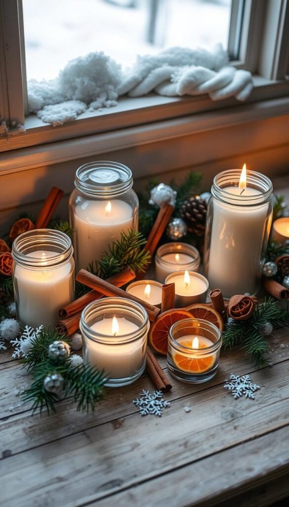 Cozy winter candle arrangements nestled among pine boughs, cinnamon sticks, and dried orange slices. A warm, flickering glow illuminates the scene, casting a soft, inviting ambiance. Vintage glass jars and tealight holders adorn a rustic wooden surface, complemented by delicate snowflake accents. The arrangement is framed by a snowy windowsill, hinting at the tranquil winter landscape beyond. Subtle hints of evergreen and a touch of metallic shine add depth and sparkle to the composition. This serene, hygge-inspired setting evokes a sense of calm and comfort, perfect for embracing the beauty of the winter season.