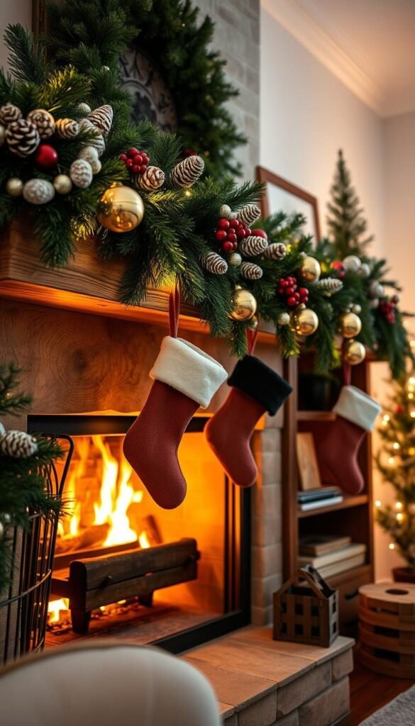 Cozy winter mantel display with garland of evergreen boughs, pinecones, and red berries. Stockings and holiday ornaments hang from the mantel's edge. A crackling fireplace casts a warm glow, illuminating the display. Soft, ambient lighting filters through the room, creating a inviting, festive atmosphere. Wooden mantel frame and shelves add rustic charm. The scene evokes feelings of hygge and wintertime comfort. Captured with a wide-angle lens to showcase the full mantel setup in a cozy, intimate setting. Cozy winter mantel display with garland of evergreen boughs, pinecones, and red berries. Stockings and holiday ornaments hang from the mantel's edge. A crackling fireplace casts a warm glow, illuminating the display. Soft, ambient lighting filters through the room, creating a inviting, festive atmosphere. Wooden mantel frame and shelves add rustic charm. The scene evokes feelings of hygge and wintertime comfort. Captured with a wide-angle lens to showcase the full mantel setup in a cozy, intimate setting.