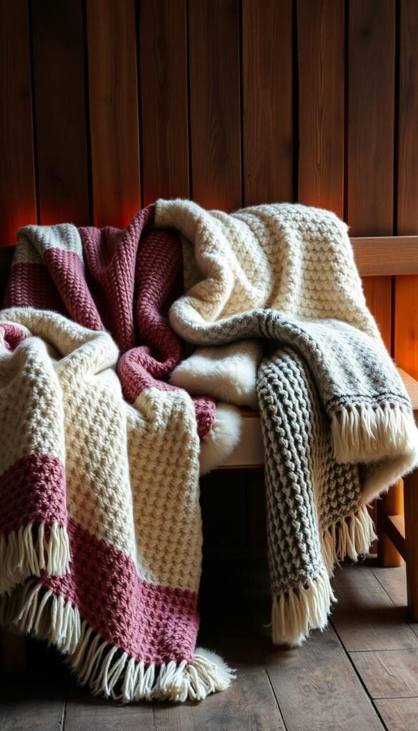 Cozy winter throw blankets draped over a rustic wooden bench, illuminated by warm, soft lighting. The fabrics have a plush, inviting texture, with a mix of knitted patterns and fluffy, faux-fur accents. The blankets are arranged in a visually appealing, layered composition, creating a comforting and inviting atmosphere. The scene evokes a sense of hygge, with the wooden backdrop adding a natural, earthy element. The lighting is gentle, creating a cozy, intimate mood, encouraging the viewer to imagine snuggling up and relaxing on a cold winter day. Cozy winter throw blankets draped over a rustic wooden bench, illuminated by warm, soft lighting. The fabrics have a plush, inviting texture, with a mix of knitted patterns and fluffy, faux-fur accents. The blankets are arranged in a visually appealing, layered composition, creating a comforting and inviting atmosphere. The scene evokes a sense of hygge, with the wooden backdrop adding a natural, earthy element. The lighting is gentle, creating a cozy, intimate mood, encouraging the viewer to imagine snuggling up and relaxing on a cold winter day.