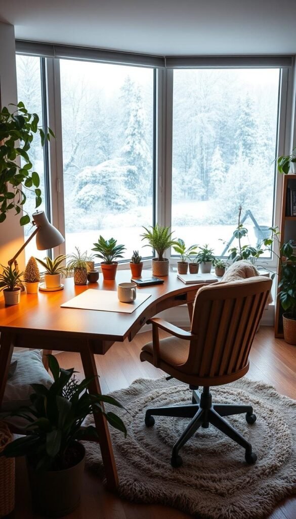 Cozy winter work space with a warm, inviting atmosphere. A spacious, well-lit home office featuring a large wooden desk, comfortable chair, and an array of plants and greenery. Soft, diffused lighting from a large window overlooking a snowy landscape, creating a peaceful, serene ambiance. The desk is adorned with a mug of hot beverage, an elegant desk lamp, and a few carefully placed personal items. A plush area rug and a small bookshelf in the background complete the cozy, productive setting. The overall mood is one of coziness, productivity, and inspiration, perfect for tackling winter projects.