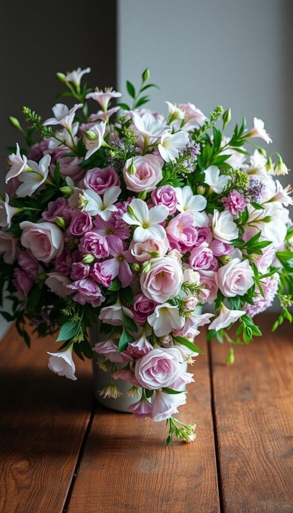Lush and vibrant, a stunning DIY floral arrangement takes center stage. Delicate blooms in shades of pink, lavender, and white cascade gracefully, framed by verdant foliage. Soft, diffused lighting creates an ethereal, dreamlike atmosphere, enhancing the natural beauty of the florals. The arrangement is expertly positioned on a rustic wooden table, allowing the colors and textures to shine. Subtle shadows and highlights add depth and dimension, giving the scene a sense of depth and volume. The overall composition is balanced and harmonious, capturing the essence of summer's floral abundance in a captivating still life. Lush and vibrant, a stunning DIY floral arrangement takes center stage. Delicate blooms in shades of pink, lavender, and white cascade gracefully, framed by verdant foliage. Soft, diffused lighting creates an ethereal, dreamlike atmosphere, enhancing the natural beauty of the florals. The arrangement is expertly positioned on a rustic wooden table, allowing the colors and textures to shine. Subtle shadows and highlights add depth and dimension, giving the scene a sense of depth and volume. The overall composition is balanced and harmonious, capturing the essence of summer's floral abundance in a captivating still life.
