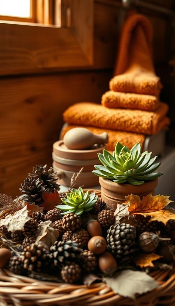 Lush, autumnal bathroom accessories arranged in a cozy, natural setting. In the foreground, a woven basket overflows with pinecones, dried leaves, and acorns. A terracotta planter holds a thriving succulent, its green hues complementing the warm tones. In the middle ground, a wooden bath caddy displays an artisanal ceramic soap dish and a set of plush, pumpkin-colored towels. Warm, ambient lighting filters through the window, casting a golden glow and creating a serene, contemplative atmosphere. The background features a rustic wood-paneled wall, hinting at the cabin-like feel of this rejuvenating retreat.