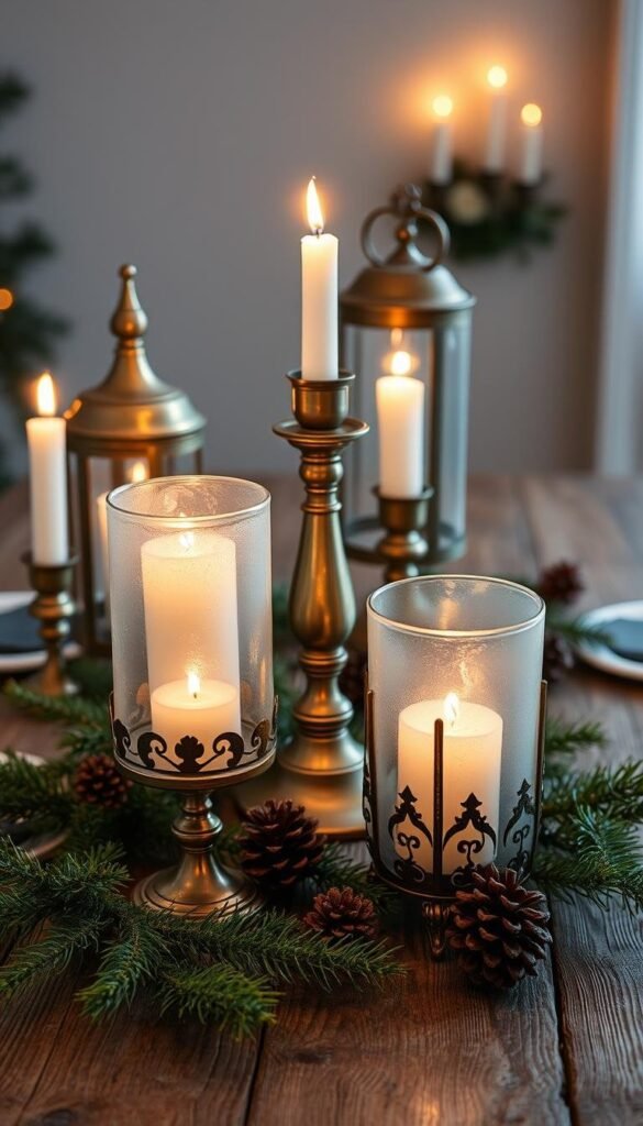 Ornate and elegant decorative candle holders, strategically arranged on a rustic wooden table. Candlelight flickers, casting a warm, cozy glow throughout the scene. Antique brass and frosted glass holders, complemented by touches of natural elements like pine branches and pinecones. Soft, diffused lighting creates an inviting, serene atmosphere, perfect for setting the mood for winter gatherings. The composition is balanced, with the candle holders as the focal point, surrounded by complementary seasonal accents. This visually striking display evokes the spirit of winter home decor trends, emphasizing the importance of seasonal aromas and the comforting ambiance of candlelight. Ornate and elegant decorative candle holders, strategically arranged on a rustic wooden table. Candlelight flickers, casting a warm, cozy glow throughout the scene. Antique brass and frosted glass holders, complemented by touches of natural elements like pine branches and pinecones. Soft, diffused lighting creates an inviting, serene atmosphere, perfect for setting the mood for winter gatherings. The composition is balanced, with the candle holders as the focal point, surrounded by complementary seasonal accents. This visually striking display evokes the spirit of winter home decor trends, emphasizing the importance of seasonal aromas and the comforting ambiance of candlelight.