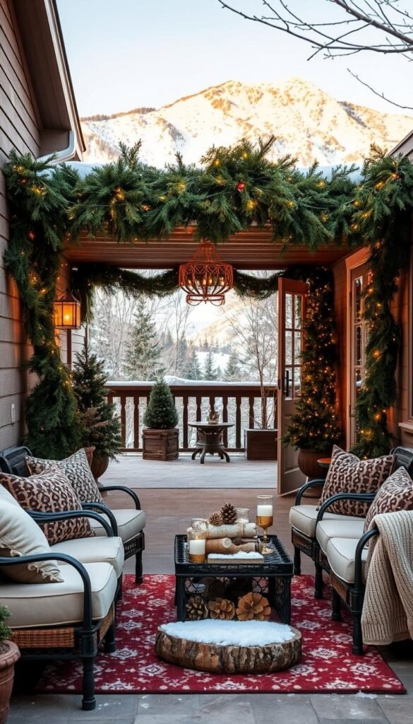 Outdoor winter decor ideas: a cozy, inviting scene. In the foreground, plush, weather-resistant fabrics adorn patio furniture, their rich textures and muted tones creating a sense of warmth. Stately evergreen garlands and twinkling fairy lights frame the entryway, casting a soft, ambient glow. The middle ground features a tasteful arrangement of natural elements - pine cones, birch logs, and a dusting of pristine snow. In the background, a snow-capped mountain range stands tall, its peaks reflecting the golden hour light. The overall atmosphere is one of peaceful serenity, encouraging viewers to linger and soak in the inviting winter wonderland. Outdoor winter decor ideas: a cozy, inviting scene. In the foreground, plush, weather-resistant fabrics adorn patio furniture, their rich textures and muted tones creating a sense of warmth. Stately evergreen garlands and twinkling fairy lights frame the entryway, casting a soft, ambient glow. The middle ground features a tasteful arrangement of natural elements - pine cones, birch logs, and a dusting of pristine snow. In the background, a snow-capped mountain range stands tall, its peaks reflecting the golden hour light. The overall atmosphere is one of peaceful serenity, encouraging viewers to linger and soak in the inviting winter wonderland.