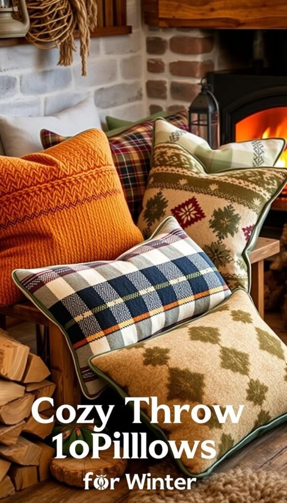 Rustic winter home decor throw pillows, arranged in a cozy, inviting vignette. Plush, textured fabrics in earthy tones of terracotta, mustard, and olive green. Intricate patterns of checks, plaids, and Nordic-inspired designs. Soft lighting from a nearby fireplace casts a warm, ambient glow, highlighting the natural, lived-in charm of the scene. Pillows are casually tossed on a weathered wooden bench, surrounded by stacks of firewood and a vintage-inspired lantern. The overall mood is one of hygge, a sense of comforting contentment and relaxation. This image perfectly captures the essence of "Cozy Throw Pillows for Winter." Rustic winter home decor throw pillows, arranged in a cozy, inviting vignette. Plush, textured fabrics in earthy tones of terracotta, mustard, and olive green. Intricate patterns of checks, plaids, and Nordic-inspired designs. Soft lighting from a nearby fireplace casts a warm, ambient glow, highlighting the natural, lived-in charm of the scene. Pillows are casually tossed on a weathered wooden bench, surrounded by stacks of firewood and a vintage-inspired lantern. The overall mood is one of hygge, a sense of comforting contentment and relaxation. This image perfectly captures the essence of "Cozy Throw Pillows for Winter."