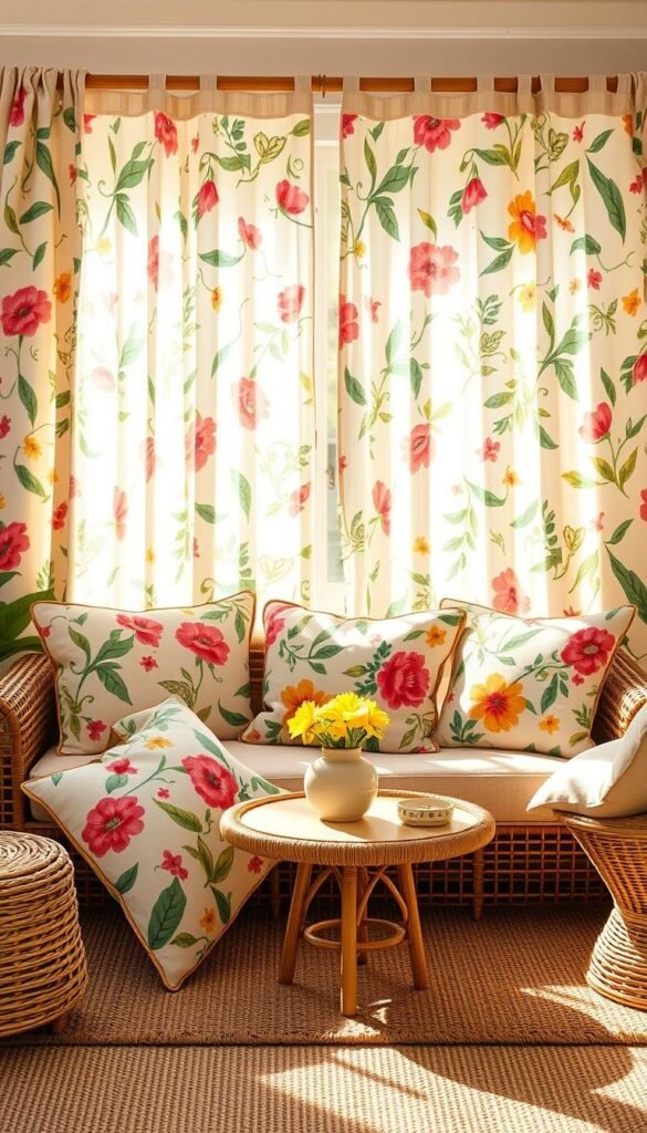 Vibrant floral patterns dance across a sun-drenched summer backdrop, creating a joyful, carefree ambiance. Swirling foliage and whimsical botanical motifs frolic across textured fabrics, from plush throw pillows to breezy curtain panels. Soft, filtered light filters through airy linen, casting a warm, golden glow that enhances the playful, nature-inspired color palette. Woven accents and rattan furnishings add organic texture, while playful geometric shapes provide a modern counterpoint. The overall aesthetic is一part vintage charm, one-part contemporary chic一a harmonious blend of classic and current summer style. Vibrant floral patterns dance across a sun-drenched summer backdrop, creating a joyful, carefree ambiance. Swirling foliage and whimsical botanical motifs frolic across textured fabrics, from plush throw pillows to breezy curtain panels. Soft, filtered light filters through airy linen, casting a warm, golden glow that enhances the playful, nature-inspired color palette. Woven accents and rattan furnishings add organic texture, while playful geometric shapes provide a modern counterpoint. The overall aesthetic is一part vintage charm, one-part contemporary chic一a harmonious blend of classic and current summer style.