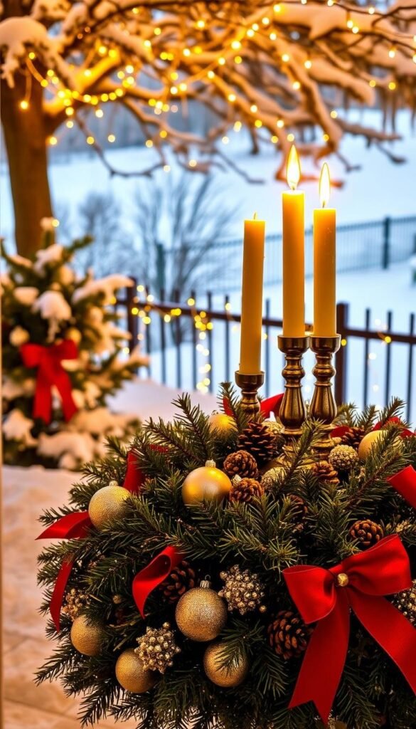 Vibrant outdoor winter display, illuminated by warm golden light. In the foreground, an ornate wreath adorned with shimmering silver ornaments, crimson ribbons, and lush evergreen foliage. In the middle ground, a pair of tall candlesticks casting a cozy glow, surrounded by clusters of pinecones and glistening icicles. The background features a serene snowy landscape, with a tasteful arrangement of glowing string lights lining the tree branches and fencing, creating a magical, festive atmosphere. Vibrant outdoor winter display, illuminated by warm golden light. In the foreground, an ornate wreath adorned with shimmering silver ornaments, crimson ribbons, and lush evergreen foliage. In the middle ground, a pair of tall candlesticks casting a cozy glow, surrounded by clusters of pinecones and glistening icicles. The background features a serene snowy landscape, with a tasteful arrangement of glowing string lights lining the tree branches and fencing, creating a magical, festive atmosphere.