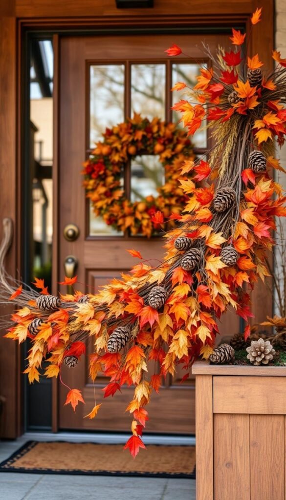 Welcoming fall front door decoration with natural elements. A charming entryway adorned with a rustic wooden door frame, accented by an array of seasonal foliage. In the foreground, a lush garland of autumn leaves, pinecones, and twigs cascades elegantly across the threshold. Vibrant pops of orange, red, and gold foliage create a warm, inviting atmosphere. Complementing the natural elements, a wooden bench or planter box sits to the side, adding a cozy touch. Soft, diffused natural lighting filters through, illuminating the textures and colors. The overall scene evokes a sense of seasonal transition and beckons guests to step inside and experience the comforts of fall. Welcoming fall front door decoration with natural elements. A charming entryway adorned with a rustic wooden door frame, accented by an array of seasonal foliage. In the foreground, a lush garland of autumn leaves, pinecones, and twigs cascades elegantly across the threshold. Vibrant pops of orange, red, and gold foliage create a warm, inviting atmosphere. Complementing the natural elements, a wooden bench or planter box sits to the side, adding a cozy touch. Soft, diffused natural lighting filters through, illuminating the textures and colors. The overall scene evokes a sense of seasonal transition and beckons guests to step inside and experience the comforts of fall.