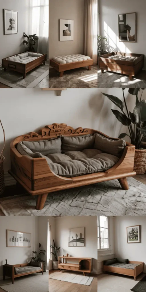 Wooden pet bed size guide, showcasing various sizes of cozy, natural wood dog beds in a clean, well-lit studio setting. The beds are arranged in a visually appealing layout, allowing for easy comparison of dimensions. Soft, natural lighting from multiple angles highlights the warm wood grain and smooth textures. The composition features a minimalist background, drawing the viewer's attention to the beds themselves. The image conveys a sense of comfort, quality, and elegance, aligning with the "Comfort & Style" theme of the article section "Finding the Right Size for Your Dog". Wooden pet bed size guide, showcasing various sizes of cozy, natural wood dog beds in a clean, well-lit studio setting. The beds are arranged in a visually appealing layout, allowing for easy comparison of dimensions. Soft, natural lighting from multiple angles highlights the warm wood grain and smooth textures. The composition features a minimalist background, drawing the viewer's attention to the beds themselves. The image conveys a sense of comfort, quality, and elegance, aligning with the "Comfort & Style" theme of the article section "Finding the Right Size for Your Dog".