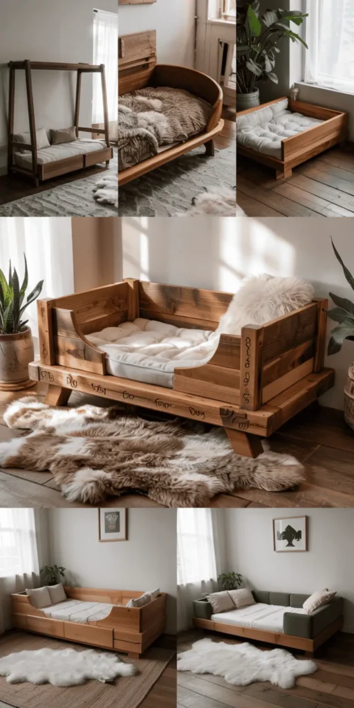 A cozy, high-quality dog bed nestled in a warm, inviting room. Soft, plush fabrics in neutral tones cover an orthopedic cushion, providing superior comfort and support for a dog's joints. Wooden accents add a natural, rustic charm, complementing the overall serene atmosphere. Gentle, diffused lighting casts a cozy glow, creating a sense of tranquility. The bed is positioned in the foreground, capturing the viewer's attention, while the background features minimalist, clean-lined furniture, hinting at the bed's harmonious integration into a stylish, pet-friendly living space. A cozy, high-quality dog bed nestled in a warm, inviting room. Soft, plush fabrics in neutral tones cover an orthopedic cushion, providing superior comfort and support for a dog's joints. Wooden accents add a natural, rustic charm, complementing the overall serene atmosphere. Gentle, diffused lighting casts a cozy glow, creating a sense of tranquility. The bed is positioned in the foreground, capturing the viewer's attention, while the background features minimalist, clean-lined furniture, hinting at the bed's harmonious integration into a stylish, pet-friendly living space.
