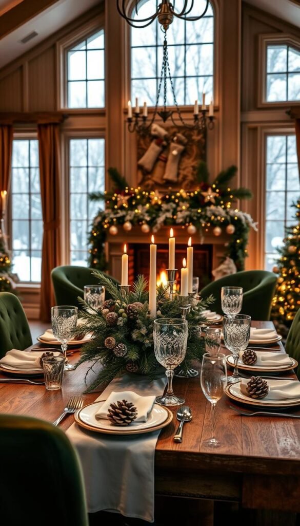 a cozy and festive winter dining room with a beautifully decorated table set for a magical gathering. in the foreground, a large wooden table is laid with crisp white linens, sparkling crystal glassware, and an elegant centerpiece featuring a mix of pinecones, frosted branches, and twinkling candles. the middle ground showcases tall, frosty windows framing a snowy outdoor scene, and plush, velvet-upholstered chairs in a deep, rich green. the background is filled with warm, golden light from a grand fireplace, casting a soft, inviting glow over the entire space. the mood is one of festive elegance and seasonal charm, creating an enchanting atmosphere perfect for celebrating the winter season.
