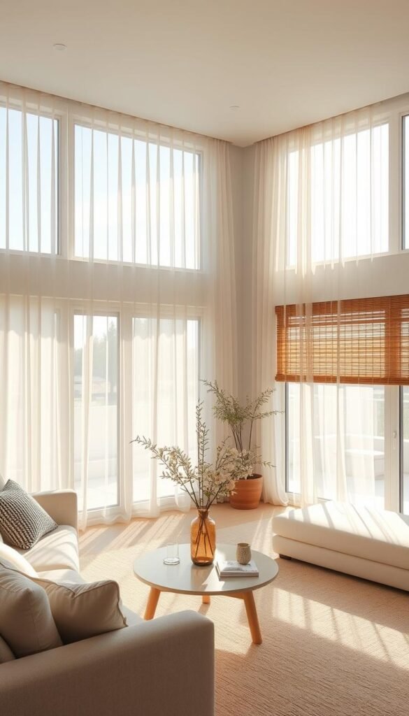 A bright, airy Scandinavian-inspired living room with minimalist window treatments that maximize natural light. Large, floor-to-ceiling windows with sheer, gossamer curtains that gently diffuse the sunlight, casting a warm, soft glow throughout the space. Subtle textures like woven wood blinds or shades add tactile interest without obstructing the view. Sunlight filters through the treatments, creating a tranquil, serene ambiance perfect for relaxation. The treatment is visually lightweight, allowing the focus to remain on the architecture and exterior landscape beyond. Crisp, clean lines and a neutral color palette create a calming, uncluttered atmosphere in harmony with the Scandinavian design ethos.