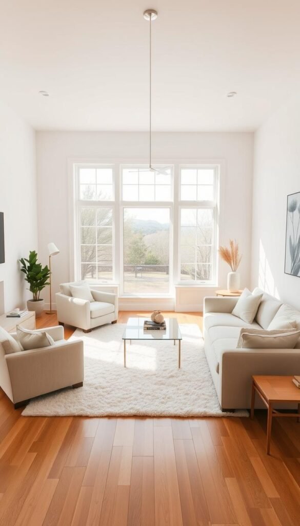 A bright, airy living room with a serene, neutral color palette. The room is bathed in natural light, streaming in through large windows that offer a view of a tranquil outdoor scene. The walls are painted in a soft, creamy white tone, creating a calming and elegant backdrop. The hardwood floors are a warm, honey-toned wood, adding depth and texture to the space. A plush, off-white area rug anchors the room, complemented by a pair of matching, overstuffed armchairs and a sleek, minimalist sofa in a similar neutral hue. Accent pieces, such as a glass-topped coffee table and a wooden side table, echo the room's understated sophistication. The lighting is a mix of natural illumination and a single, modern pendant fixture that casts a gentle glow, enhancing the peaceful atmosphere. A bright, airy living room with a serene, neutral color palette. The room is bathed in natural light, streaming in through large windows that offer a view of a tranquil outdoor scene. The walls are painted in a soft, creamy white tone, creating a calming and elegant backdrop. The hardwood floors are a warm, honey-toned wood, adding depth and texture to the space. A plush, off-white area rug anchors the room, complemented by a pair of matching, overstuffed armchairs and a sleek, minimalist sofa in a similar neutral hue. Accent pieces, such as a glass-topped coffee table and a wooden side table, echo the room's understated sophistication. The lighting is a mix of natural illumination and a single, modern pendant fixture that casts a gentle glow, enhancing the peaceful atmosphere.