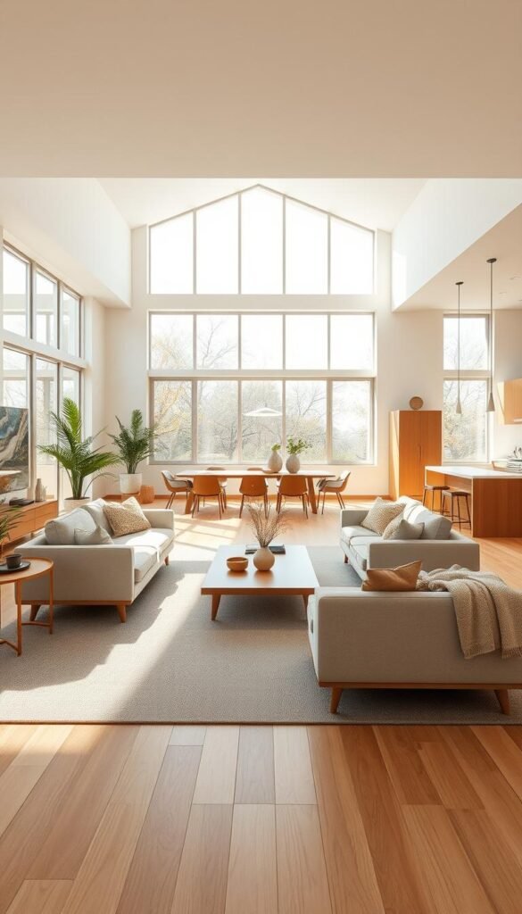 A bright, airy open-concept living room with a seamless flow between spaces. Sunlight filters through large windows, illuminating a minimalist yet cozy seating arrangement centered around a low coffee table. The space features a neutral color palette with natural wood accents, complemented by plush textiles and greenery. Subtle mid-century modern influences create a harmonious, sophisticated ambiance. The layout promotes a sense of spaciousness and encourages effortless movement between the living, dining, and kitchen areas. A wide-angle lens captures the room's expansive feel, showcasing the thoughtful, flow-through design. A bright, airy open-concept living room with a seamless flow between spaces. Sunlight filters through large windows, illuminating a minimalist yet cozy seating arrangement centered around a low coffee table. The space features a neutral color palette with natural wood accents, complemented by plush textiles and greenery. Subtle mid-century modern influences create a harmonious, sophisticated ambiance. The layout promotes a sense of spaciousness and encourages effortless movement between the living, dining, and kitchen areas. A wide-angle lens captures the room's expansive feel, showcasing the thoughtful, flow-through design.
