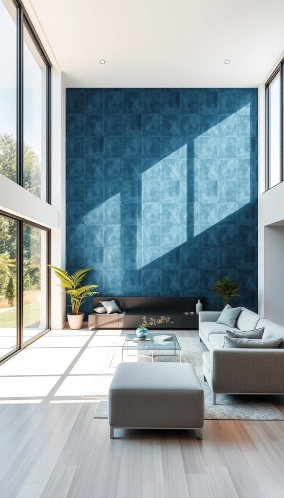 A bright and airy living room with a stunning accent wall featuring a geometric pattern in shades of blue and gray. The wall is the focal point, commanding attention with its bold and modern design. Abundant natural light streams in through large windows, casting a warm, inviting glow throughout the space. Sleek, minimalist furniture in neutral tones complements the accent wall, creating a cohesive and visually striking interior. The room has a sense of balance and sophistication, with the accent wall serving as a transformative element that elevates the entire design. A bright and airy living room with a stunning accent wall featuring a geometric pattern in shades of blue and gray. The wall is the focal point, commanding attention with its bold and modern design. Abundant natural light streams in through large windows, casting a warm, inviting glow throughout the space. Sleek, minimalist furniture in neutral tones complements the accent wall, creating a cohesive and visually striking interior. The room has a sense of balance and sophistication, with the accent wall serving as a transformative element that elevates the entire design.
