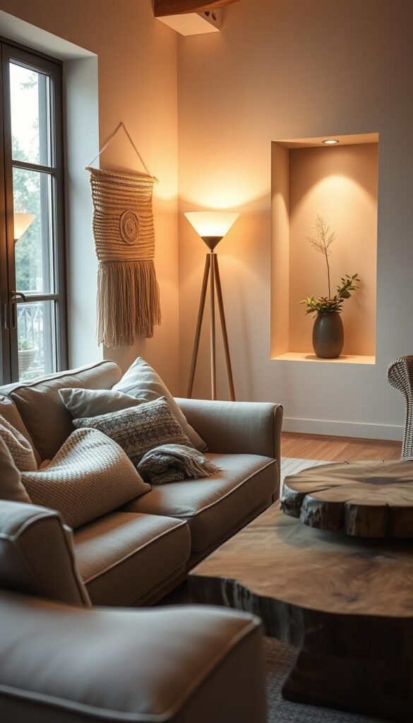 A cozy Japandi-inspired living room filled with natural textures and materials. In the foreground, a plush, low-profile sofa with a woven wool throw and linen cushions. Beside it, a rustic wooden coffee table with a smooth, knotted surface. In the middle ground, a tall, minimalist floor lamp casts a warm, ambient glow, illuminating a delicate woven wall hanging. The background features a neutral-toned feature wall, with a recessed niche displaying a decorative ceramic vase and potted plant. Soft, diffused natural light filters in through large windows, highlighting the organic, earthy tones and tactile finishes throughout the space. A cozy Japandi-inspired living room filled with natural textures and materials. In the foreground, a plush, low-profile sofa with a woven wool throw and linen cushions. Beside it, a rustic wooden coffee table with a smooth, knotted surface. In the middle ground, a tall, minimalist floor lamp casts a warm, ambient glow, illuminating a delicate woven wall hanging. The background features a neutral-toned feature wall, with a recessed niche displaying a decorative ceramic vase and potted plant. Soft, diffused natural light filters in through large windows, highlighting the organic, earthy tones and tactile finishes throughout the space.