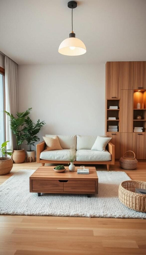 A cozy Japandi-inspired living room with minimalist hidden storage solutions. A mid-century modern sofa in natural wood and light upholstery sits atop a plush area rug, complemented by a low wooden coffee table with sleek, concealed drawers. The walls feature built-in shelving units with discreet cabinets, blending seamlessly into the neutral-toned decor. Soft, diffused lighting from a pendant lamp casts a warm glow, creating a tranquil and uncluttered atmosphere. Potted plants and natural textures, such as woven baskets, add organic touches to the space, conveying a sense of balance and harmony. A cozy Japandi-inspired living room with minimalist hidden storage solutions. A mid-century modern sofa in natural wood and light upholstery sits atop a plush area rug, complemented by a low wooden coffee table with sleek, concealed drawers. The walls feature built-in shelving units with discreet cabinets, blending seamlessly into the neutral-toned decor. Soft, diffused lighting from a pendant lamp casts a warm glow, creating a tranquil and uncluttered atmosphere. Potted plants and natural textures, such as woven baskets, add organic touches to the space, conveying a sense of balance and harmony.