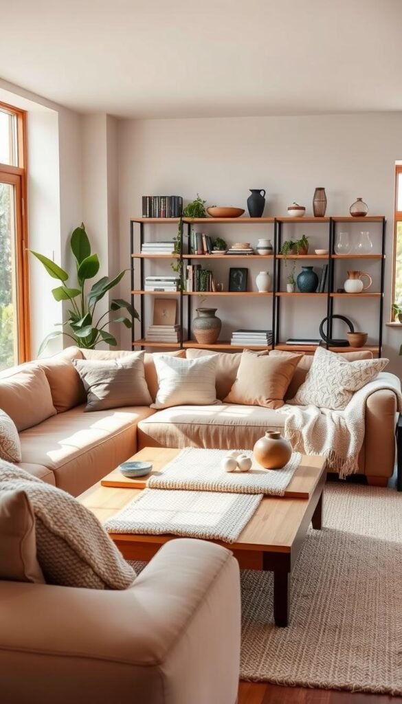 A cozy Japandi-style living room, bathed in warm, natural light from large windows. In the foreground, a plush, earth-toned sofa is layered with an array of textured throw pillows and a soft, woven blanket, creating a welcoming and inviting atmosphere. The middle ground features a low, wooden coffee table topped with a tactile, handwoven runner and a selection of decorative objects. In the background, a wall-mounted shelving unit displays an eclectic mix of books, ceramics, and potted plants, adding depth and visual interest to the space. The overall mood is one of understated elegance and harmonious blend of Japanese and Scandinavian design principles. A cozy Japandi-style living room, bathed in warm, natural light from large windows. In the foreground, a plush, earth-toned sofa is layered with an array of textured throw pillows and a soft, woven blanket, creating a welcoming and inviting atmosphere. The middle ground features a low, wooden coffee table topped with a tactile, handwoven runner and a selection of decorative objects. In the background, a wall-mounted shelving unit displays an eclectic mix of books, ceramics, and potted plants, adding depth and visual interest to the space. The overall mood is one of understated elegance and harmonious blend of Japanese and Scandinavian design principles.