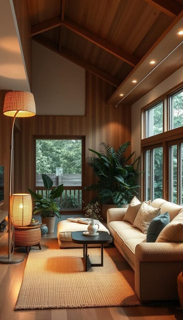 A cozy Japandi-style living room with natural wood tones, soft textiles, and subtle ambient lighting. The room is illuminated by a mix of warm task lighting, including a floor lamp with a woven rattan shade, and recessed ceiling lights that cast a gentle glow. Lush houseplants and natural textures, like a jute area rug and a nubby, off-white sofa, create a tranquil, zen-like atmosphere. The lighting is diffused and indirect, accentuating the room's clean lines and minimalist decor. Large windows allow natural daylight to filter in, blending seamlessly with the artificial illumination. An overall sense of calm and understated sophistication pervades the space. A cozy Japandi-style living room with natural wood tones, soft textiles, and subtle ambient lighting. The room is illuminated by a mix of warm task lighting, including a floor lamp with a woven rattan shade, and recessed ceiling lights that cast a gentle glow. Lush houseplants and natural textures, like a jute area rug and a nubby, off-white sofa, create a tranquil, zen-like atmosphere. The lighting is diffused and indirect, accentuating the room's clean lines and minimalist decor. Large windows allow natural daylight to filter in, blending seamlessly with the artificial illumination. An overall sense of calm and understated sophistication pervades the space.
