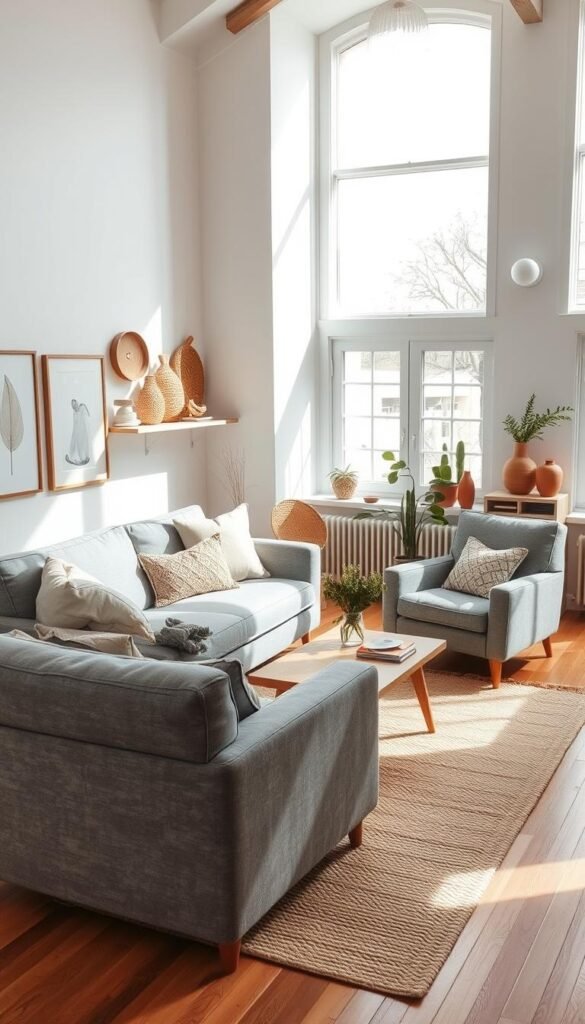 A cozy Scandinavian living room bathed in natural light, featuring a plush gray sofa and armchair arranged around a wooden coffee table. The walls are adorned with minimalist art pieces and shelves showcasing tactile natural materials like woven baskets, terracotta vases, and potted plants. Warm wooden floors extend throughout, complemented by a large, textured area rug. Soft, diffused illumination streams in through large windows, casting a serene, inviting atmosphere. Subtle Scandinavian design elements, such as clean lines and a muted color palette, create an elegant, harmonious space that celebrates the beauty of natural materials.