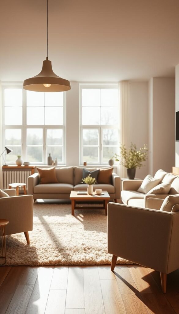 A cozy Scandinavian living room bathed in warm, natural light. In the foreground, a pair of sleek, minimalist Nordic-style lighting pendants hang from the ceiling, their clean lines and muted tones complementing the room's neutral palette. The middle ground features a plush, neutral-toned sofa and armchair arrangement, with a low, wooden coffee table and a lush, textured area rug underfoot. In the background, large windows allow sunlight to flood the space, casting a soft, diffused glow and creating a sense of tranquility and hygge. The overall atmosphere is one of understated elegance, with a focus on natural materials, clean design, and a harmonious balance of light and shadow.
