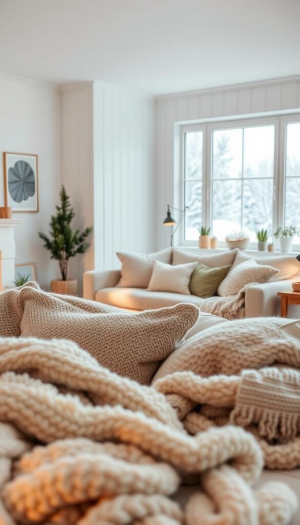 A cozy Scandinavian living room bathed in warm, soft lighting. The foreground is layered with plush, textured throws and cushions in muted tones of cream, beige, and sage, creating a hygge atmosphere. In the middle ground, a large, minimalist sofa anchors the space, flanked by potted plants and a wooden side table. The background features whitewashed walls, with a large window overlooking a snowy, Nordic landscape. The overall scene evokes a sense of tranquility, comfort, and understated elegance.