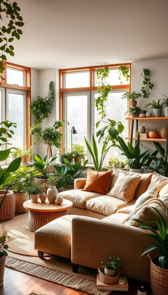 A cozy Scandinavian living room with a warm, natural ambiance. The room is filled with an abundance of lush, thriving houseplants arranged artfully throughout, creating a refreshing, verdant atmosphere. The walls are adorned with minimalist, wooden shelving displaying decorative ceramics and books. Soft, natural light floods the space through large, panoramic windows, casting a gentle glow on the earth-toned furniture pieces, including a plush, L-shaped sofa and armchair. Woven textures, such as a jute rug and wicker accents, complement the organic materials. The overall scene evokes a serene, harmonious, and inviting Scandinavian aesthetic.