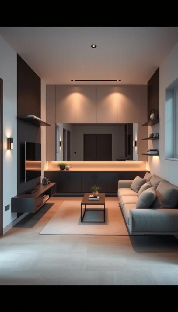 A cozy and efficiently designed small living room with wall-mounted furniture pieces that maximize the available space. In the foreground, a sleek floating TV console and shelving unit hug the perimeter, providing ample storage and display space. The middle ground features a minimalist sofa and a compact coffee table, arranged to create a sense of openness. Subtle mood lighting emanates from discreet wall sconces, casting a warm glow and enhancing the sense of depth. In the background, a large, floor-to-ceiling mirror reflects the space, creating an illusion of expanded dimensions. The overall aesthetic is modern, uncluttered, and tailored to the limited square footage, showcasing clever space optimization techniques. A cozy and efficiently designed small living room with wall-mounted furniture pieces that maximize the available space. In the foreground, a sleek floating TV console and shelving unit hug the perimeter, providing ample storage and display space. The middle ground features a minimalist sofa and a compact coffee table, arranged to create a sense of openness. Subtle mood lighting emanates from discreet wall sconces, casting a warm glow and enhancing the sense of depth. In the background, a large, floor-to-ceiling mirror reflects the space, creating an illusion of expanded dimensions. The overall aesthetic is modern, uncluttered, and tailored to the limited square footage, showcasing clever space optimization techniques.