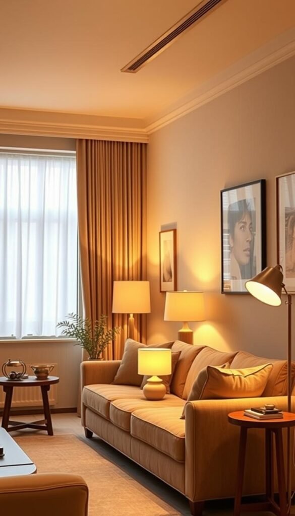 A cozy and inviting beige living room, bathed in warm, diffused lighting. The space features a large picture window that allows natural light to flood the room, creating a soft, ambient glow. Strategically placed table lamps and floor lamps cast a gentle, golden illumination, highlighting the textured fabrics and wooden accents throughout the space. The lighting is carefully balanced, creating a harmonious and serene atmosphere, perfect for relaxation and conversation. The room exudes a timeless elegance, with a neutral color palette that feels both modern and classic. The lighting design seamlessly complements the overall aesthetic, creating a space that is both visually appealing and functionally welcoming. A cozy and inviting beige living room, bathed in warm, diffused lighting. The space features a large picture window that allows natural light to flood the room, creating a soft, ambient glow. Strategically placed table lamps and floor lamps cast a gentle, golden illumination, highlighting the textured fabrics and wooden accents throughout the space. The lighting is carefully balanced, creating a harmonious and serene atmosphere, perfect for relaxation and conversation. The room exudes a timeless elegance, with a neutral color palette that feels both modern and classic. The lighting design seamlessly complements the overall aesthetic, creating a space that is both visually appealing and functionally welcoming.