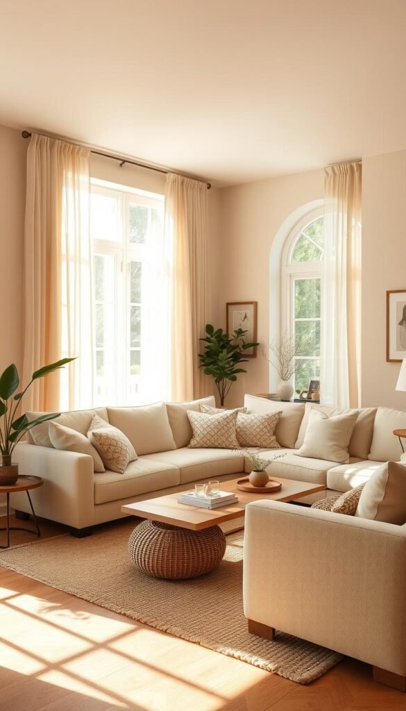 A cozy and inviting beige living room with a neutral color palette. The space is flooded with warm, natural light filtering in through large windows, casting a soft glow on the plush, cream-colored sofa and matching armchair. Delicate sheer curtains frame the windows, adding a sense of softness and elegance. On the walls, a tranquil palette of beige and off-white tones creates a calming, timeless atmosphere. Subtle textures, such as a woven area rug and decorative throw pillows, add depth and visual interest. Carefully curated decor, including a wooden coffee table, potted plants, and a few selected artworks, complement the overall aesthetic. The room exudes a sense of sophistication and timelessness, making it the perfect backdrop for a neutral living room design. A cozy and inviting beige living room with a neutral color palette. The space is flooded with warm, natural light filtering in through large windows, casting a soft glow on the plush, cream-colored sofa and matching armchair. Delicate sheer curtains frame the windows, adding a sense of softness and elegance. On the walls, a tranquil palette of beige and off-white tones creates a calming, timeless atmosphere. Subtle textures, such as a woven area rug and decorative throw pillows, add depth and visual interest. Carefully curated decor, including a wooden coffee table, potted plants, and a few selected artworks, complement the overall aesthetic. The room exudes a sense of sophistication and timelessness, making it the perfect backdrop for a neutral living room design.