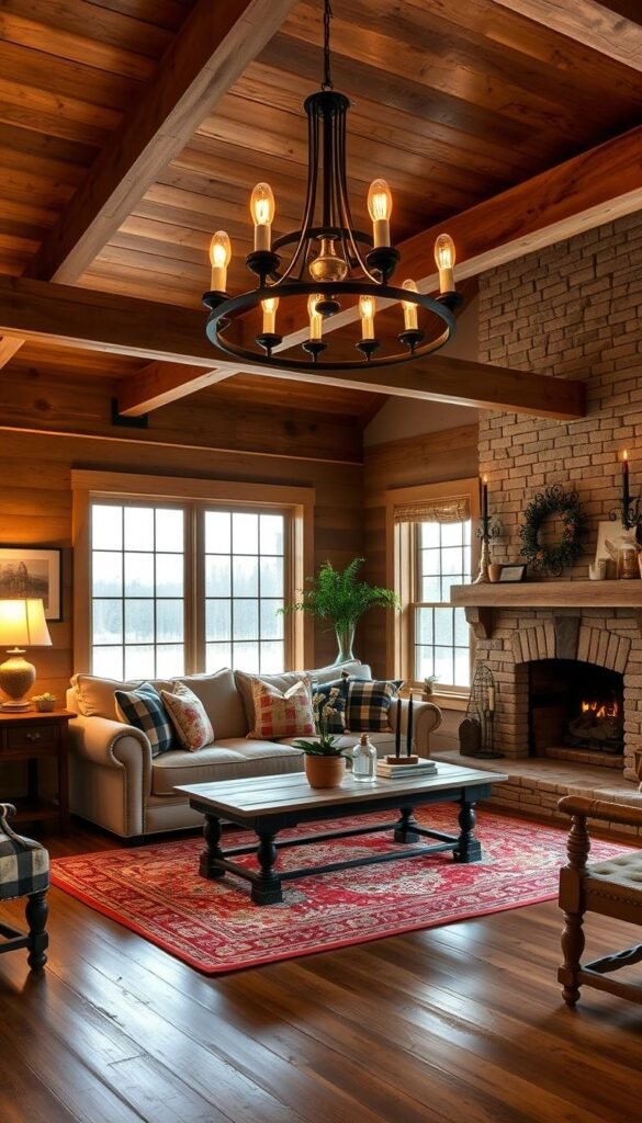 A cozy and inviting farmhouse living room, bathed in the warm glow of rustic lighting. The room features a plush, overstuffed sofa adorned with plaid and floral throw pillows, inviting guests to sink in and relax. The exposed wooden beams and stone fireplace create a charming, rustic ambiance, while a vintage area rug grounds the space. Antique wooden side tables and a weathered coffee table add to the farmhouse aesthetic. The room is illuminated by a wrought-iron chandelier with Edison-style bulbs, casting a soft, ambient light throughout. Large windows allow natural light to pour in, complementing the rustic lighting. Potted plants and simple, natural decor elements complete the cozy, lived-in feel of this farmhouse living room. A cozy and inviting farmhouse living room, bathed in the warm glow of rustic lighting. The room features a plush, overstuffed sofa adorned with plaid and floral throw pillows, inviting guests to sink in and relax. The exposed wooden beams and stone fireplace create a charming, rustic ambiance, while a vintage area rug grounds the space. Antique wooden side tables and a weathered coffee table add to the farmhouse aesthetic. The room is illuminated by a wrought-iron chandelier with Edison-style bulbs, casting a soft, ambient light throughout. Large windows allow natural light to pour in, complementing the rustic lighting. Potted plants and simple, natural decor elements complete the cozy, lived-in feel of this farmhouse living room.