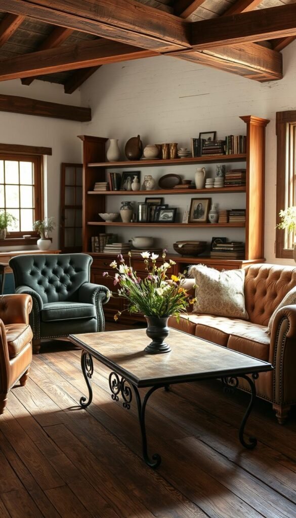 A cozy and inviting farmhouse living room filled with vintage and antique furniture pieces. In the foreground, a worn leather armchair and a tufted velvet sofa sit atop a distressed wooden floor. A vintage coffee table with ornate metalwork takes center stage, topped with a vase of fresh wildflowers. In the middle ground, a rustic wooden shelving unit displays an eclectic collection of vintage books, ceramic vases, and framed black-and-white photographs. Soft, warm lighting filters in through a large window, casting a mellow glow across the room. The background features exposed wooden beams and whitewashed walls, adding to the charming, time-worn ambiance. An overall sense of timeless elegance and lived-in comfort pervades the scene. A cozy and inviting farmhouse living room filled with vintage and antique furniture pieces. In the foreground, a worn leather armchair and a tufted velvet sofa sit atop a distressed wooden floor. A vintage coffee table with ornate metalwork takes center stage, topped with a vase of fresh wildflowers. In the middle ground, a rustic wooden shelving unit displays an eclectic collection of vintage books, ceramic vases, and framed black-and-white photographs. Soft, warm lighting filters in through a large window, casting a mellow glow across the room. The background features exposed wooden beams and whitewashed walls, adding to the charming, time-worn ambiance. An overall sense of timeless elegance and lived-in comfort pervades the scene.