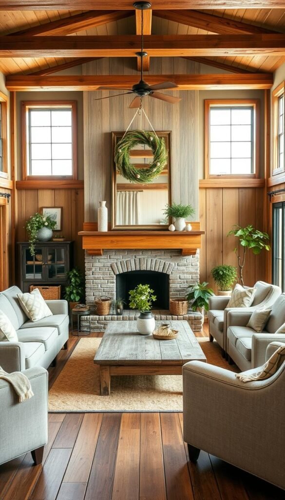 A cozy and inviting farmhouse living room with a rustic, charming ambiance. The centerpiece is a large, reclaimed wood fireplace mantel, surrounded by exposed wooden beams and paneled walls. Soft, natural lighting filters in through oversized windows, casting a warm glow on the distressed, wooden floorboards. Plush, neutral-toned sofas and armchairs are arranged around a simple, weathered wood coffee table, creating a comfortable seating area. Vintage, farmhouse-inspired decor, such as a large, wreath-adorned mirror and a collection of potted plants, add authentic character to the space. The overall atmosphere is one of relaxed, country-inspired elegance. A cozy and inviting farmhouse living room with a rustic, charming ambiance. The centerpiece is a large, reclaimed wood fireplace mantel, surrounded by exposed wooden beams and paneled walls. Soft, natural lighting filters in through oversized windows, casting a warm glow on the distressed, wooden floorboards. Plush, neutral-toned sofas and armchairs are arranged around a simple, weathered wood coffee table, creating a comfortable seating area. Vintage, farmhouse-inspired decor, such as a large, wreath-adorned mirror and a collection of potted plants, add authentic character to the space. The overall atmosphere is one of relaxed, country-inspired elegance.